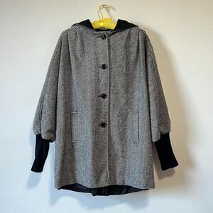 Vintage Herringbone Hooded Dolman Sleeve 80s Gray Coat Ribbed Cuffs Wool Blend